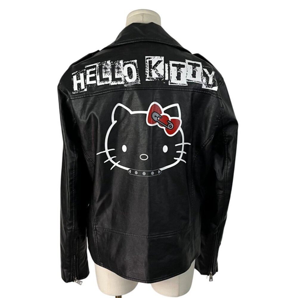 Hello Kitty Black Faux Leather Biker Jacket With Graphic Print & Belt Sz S